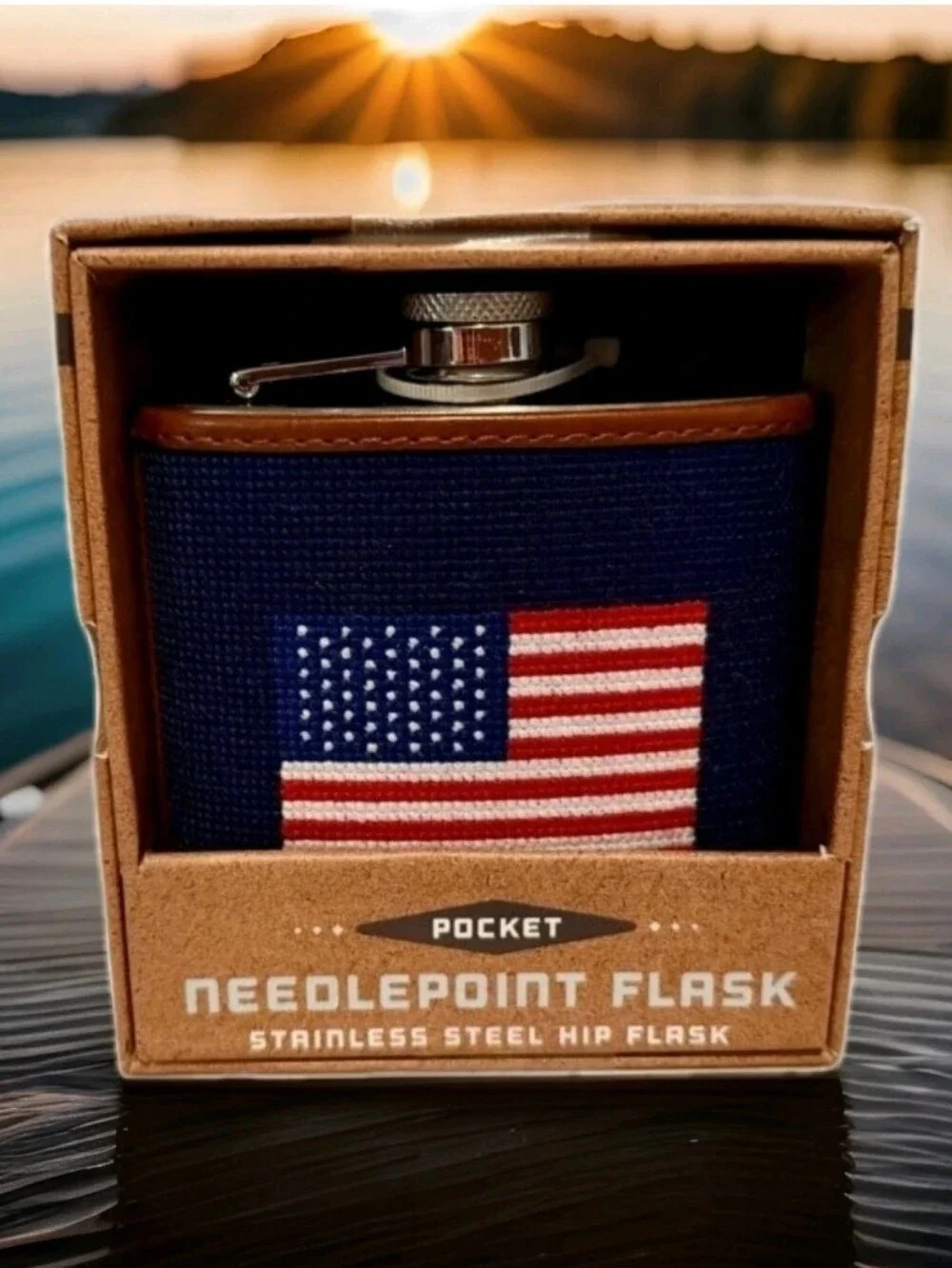 THE KRAFTSMAN CO. :AMERICAN FLAG: NEEDLEPOINT: STAINLESS STEEL: FLASK: 6 OZ: NEW
